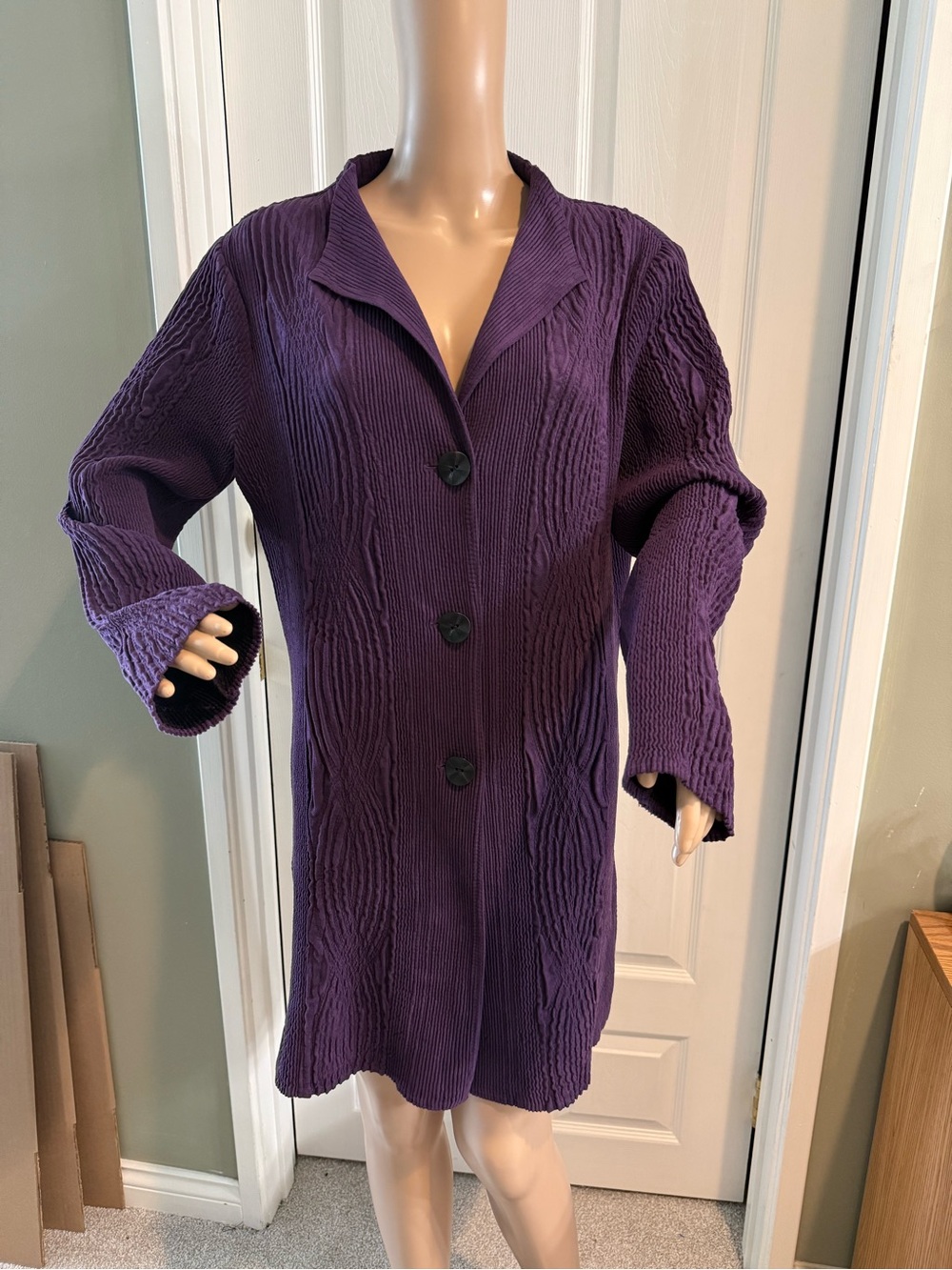 Flair Made by Hand Long Jacket Purple Decorative Buttons Size M Pockets
